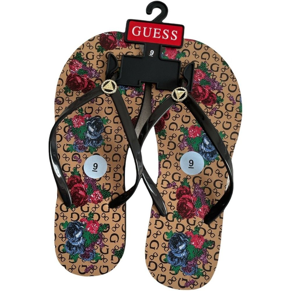 🌹Women’s Flip Flops Sandals Guess WG LENT12 -C Dark Brown Floral Size 9